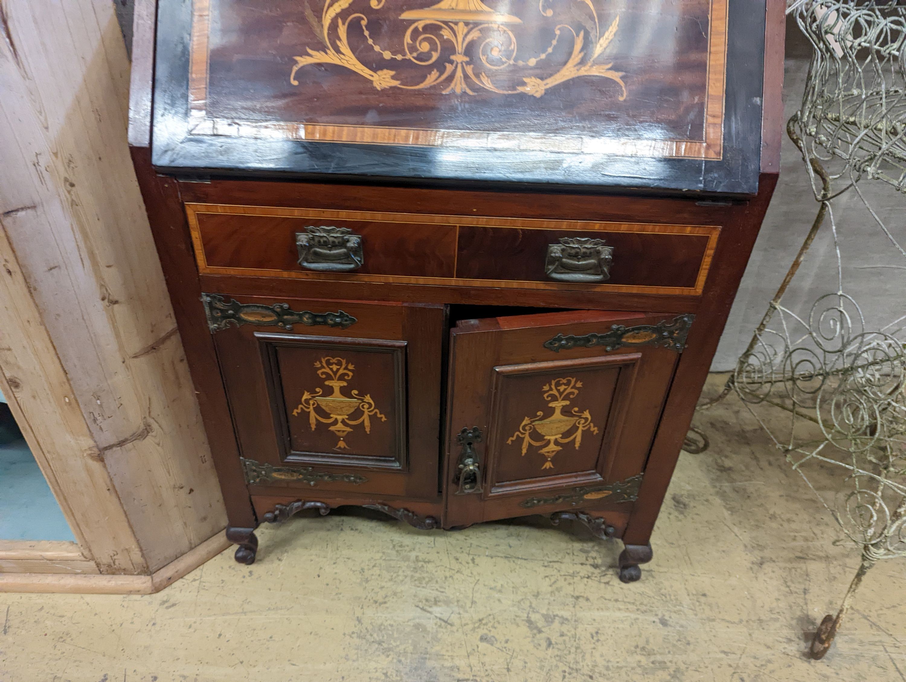 An Edwardian marquetry inlaid satinwood banded mahogany bureau bookcase of narrow proportions, width 58cm, depth 46cm, height 194cm